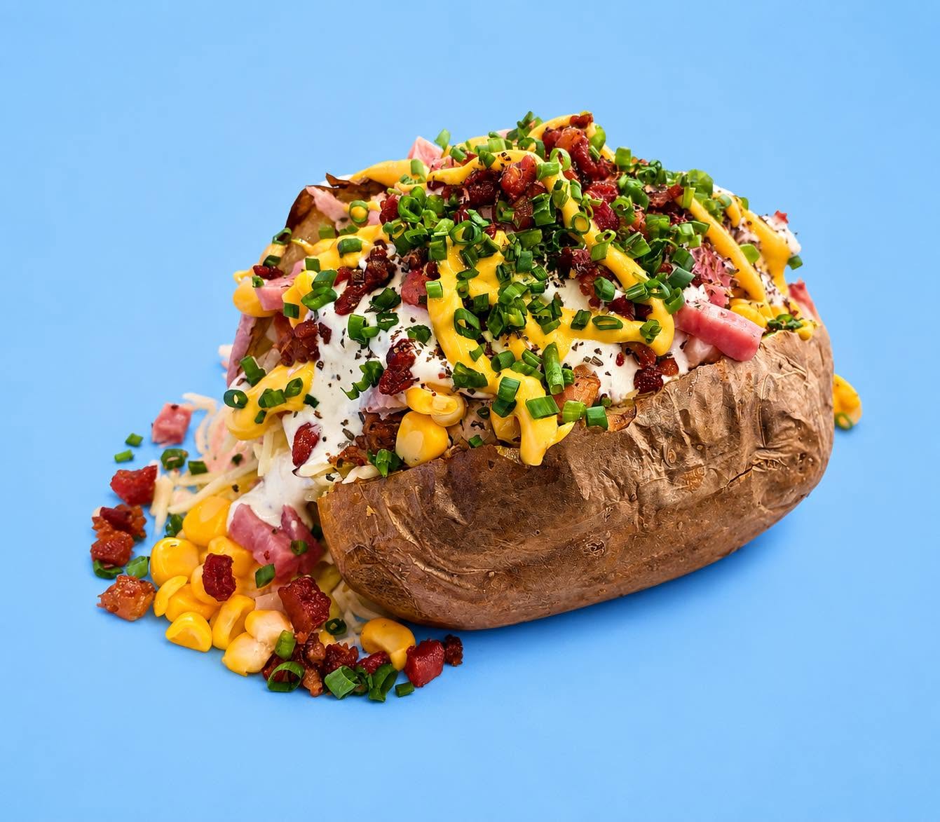 Loaded bakt potet med bacon, mais, ost og vårløk